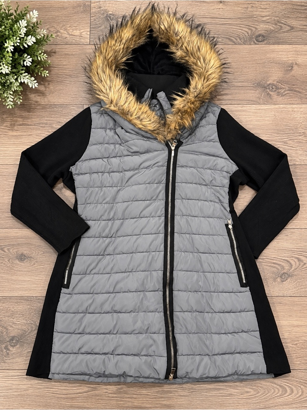 Calvin Klein Performance Gray Quilted Hooded Puffer with Faux Fur Trim